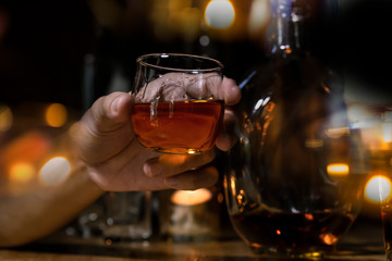 Bartender Serve Whiskey, on wood bar,