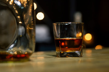 Bartender Serve Whiskey, on wood bar,