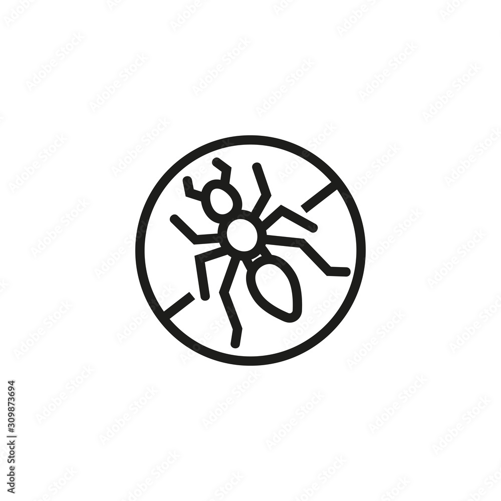 Poster insect sting allergy thin line icon. intolerance to insect bites and stings. forbidden sign with ant