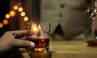 Bartender Serve Whiskey, on wood bar,