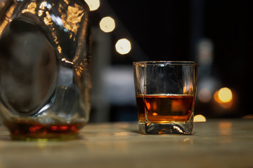 Bartender Serve Whiskey, on wood bar,