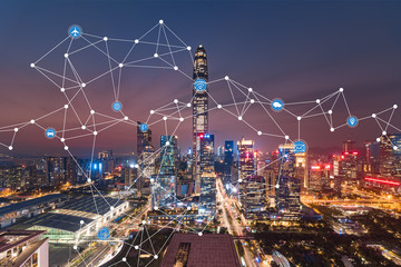 Shenzhen City Scenery and 5G Internet Technology Concept
