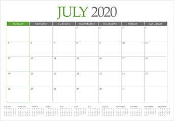 July 2020 desk calendar vector illustration