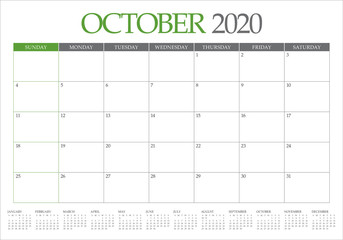 October 2020 desk calendar vector illustration