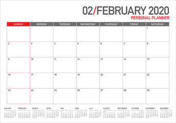 February 2020 desk calendar vector illustration