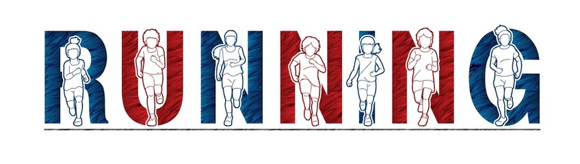 Group of children running, Boy and girl running together with text running background cartoon graphic vector.