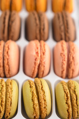 French macaroons, varied selection, colorful. Vertical photo.