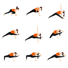Flying warrior sequence yoga asanas set/ Illustration stylized woman practicing visvamitrasana variations