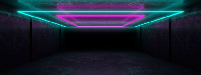 Colored neon lamps in a dark tunnel. 3d rendering image.