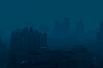 cityscape of high rise buildings in poor weather night, haze of pollution covers city, air pollution effect