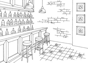 Bar interior graphic black white sketch illustration vector
