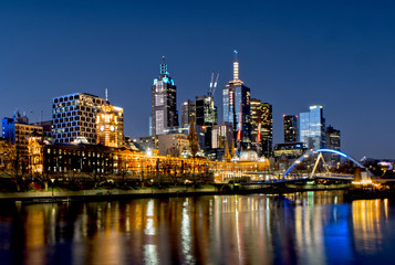 A view of Melbourne city viewed from Southbank precinct just after dusk