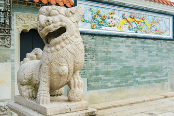 Guardian lion statue in Pak Tai Temple on Cheung Chau island, Hong Kong