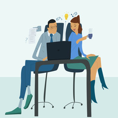 Business people work at a computer in the office, communicate. Flat vector illustration.