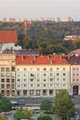 Fototapeta na wymiar Poznan, Poland - October 12, 2018: View on buildings at sunset in town Poznan