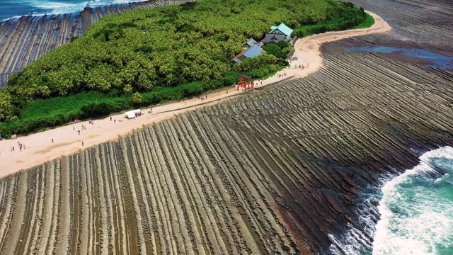 Panorama of tourists on Aoshima, Cat Island in Ehime Prefecture, Japan