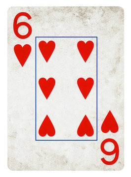 Six of Hearts Vintage playing card - isolated on white (clipping path included)