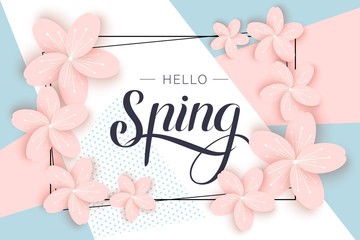 Inscription Hello Spring Hand Lettering on background with flowers. Vector illustration