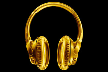Golden shiny wireless headphones on black background isolated closeup, expensive gold metal...