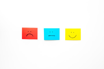 Customer experience concept. Smiles or emoji - good, neutral, bad feedback - on white background top-down copy space
