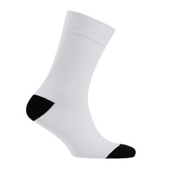 Blank white cotton long sock with black heel on invisible  foot isolated on white background as mock up for advertising, branding, design, side view, template.
