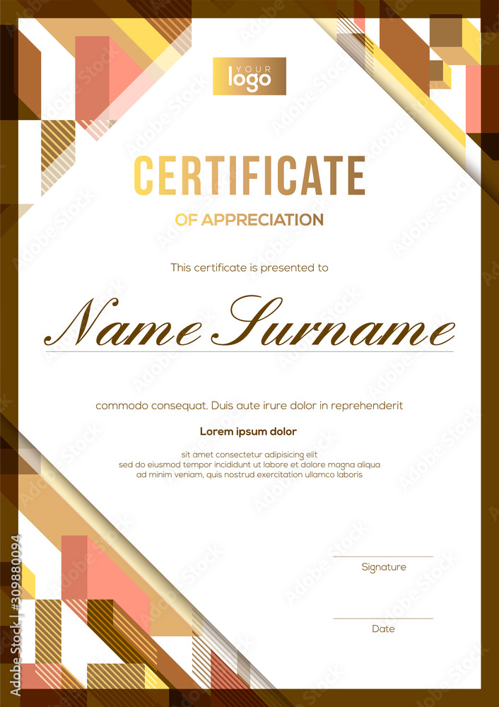 Wall mural vertical modern luxury certificate of completion template with gold and brown abstract cube shape gr