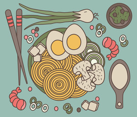 Ramen noodles with shrimps, eggs, mushrooms and onion. Traditional Chinese and Japanese dish. Flat vector illustration.