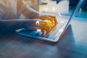 Global network connection 5G virtual interface screen on laptop device. 5G mobile technology concept - Fastest high speed internet networks.