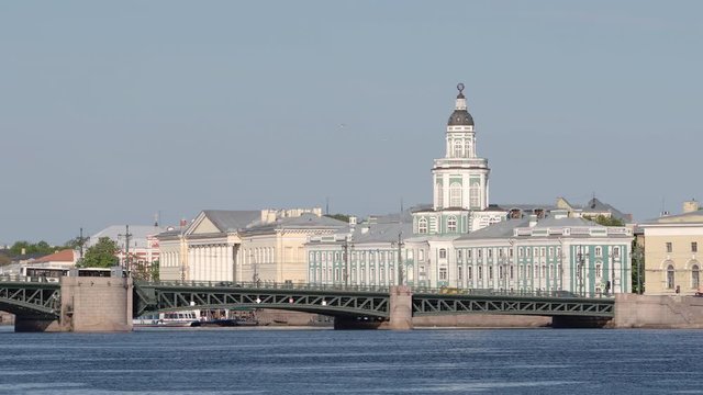 The Kunstkamera building, the Palace Bridge, the Neva river in St Petersburg, Russia