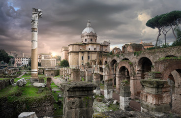 Panoramic image view of Ruins of Roman Forum, also known as Foro di Cesare, or Forum of Caesar, in...