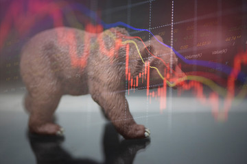 bull and bear market concept with stock chart digital numbers crisis red price drop arrow down...