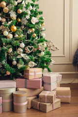 2020 Merry Christmas and New Year holidays background. Blurred bokeh background Christmas tree