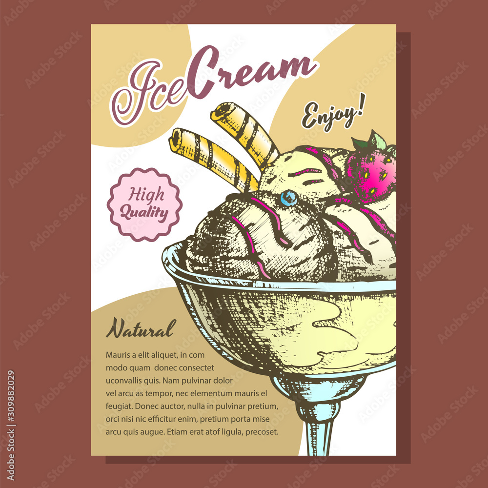 Wall mural Scoop Ice Cream Cup With Berries Poster Vector. Tasty Frozen Milk Dessert Ice Cream In Bowl Decorated Strawberry, Wafer Rolls And Chocolate Concept. Designed Template Color Illustration