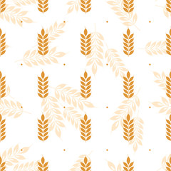 Vector seamless pattern with ears of wheat; whole grain, organic, for bakery package, bread products, wrapping paper, web design. White background.