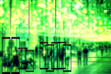 Conceptual image - face recognition technology concept illustration of big data and security in city. People walk on evening street, night vision ai system is watching them.