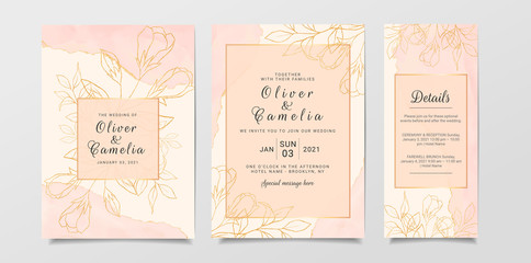 Obraz na płótnie Canvas Creamy gold watercolor wedding invitation card template set with gold frame. Abstract background save the date, invitation, greeting card, cover vector