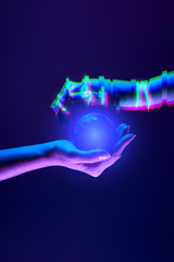 Woman and robot's hands as symbol of partnership between people and technology.