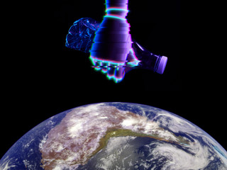 Robots hand with plastic bottle above the Earth. Technology for nature protection. Photo of Earth...