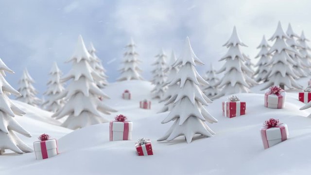 Winter Christmas background, snowy pine trees and Christmas gift boxes with falling snow