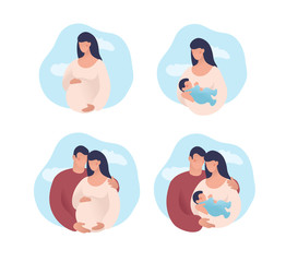 Fototapeta Set of concept illustrations about pregnancy, parenthood, motherhood. A pregnant woman, a man and a woman are waiting for the birth of a child, mother and father with a child. Flat vector isolated on obraz