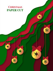 Abstract poster, background in paper cut style. Green and red stripes. Hanging Christmas balls. Place for text.