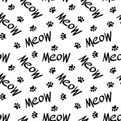 Seamless pattern with black meow lettering and paw prints. Simple objects on white background. Vector illustration.