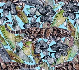 Tropical pattern with clouded leopard and tropical flowers. Seamless pattern with orchids and wild cat.