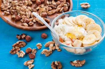 Breakfast,  cottage,  cheese, s our,  cream, banana on blue background