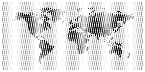 Fototapeta premium world map flat pixel dots with Oceans in the design of points dots. Planet Earth background Dotted relievo banner. All the relief continents of the world in one picture of pixel Dotted perforation.