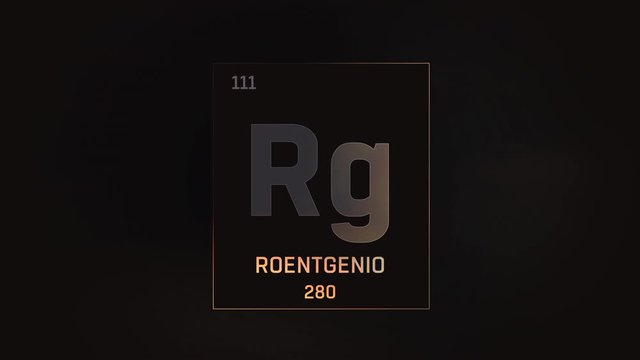 Roentgenium as Element 111 of the Periodic Table. Seamlessly looping 3D animation on grey illuminated atom design background with orbiting electrons. Name, atomic weight, element number in Spanish lan