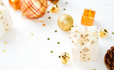 golden christmas balls on white background, christmas card