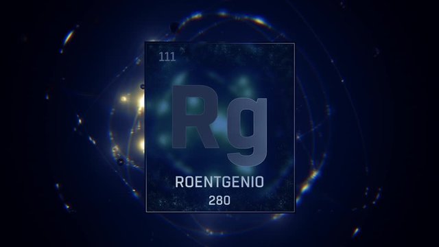 Roentgenium as Element 111 of the Periodic Table. Seamlessly looping 3D animation on blue illuminated atom design background with orbiting electrons. Name, atomic weight, element number in Spanish lan