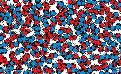 Abstract seamless background. Grunge texture of chaotic elements of red, blue and white. Pattern of randomly arranged objects for printing on fabric, wrapping paper