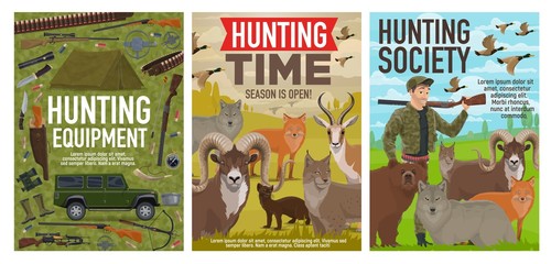 Hunting equipment, hunt wild animals and birds, safari and forest hunt open season posters. Vector hunter ammo rifle guns and traps for wolf and fox, bear and gazelle, mountain sheep and ermine